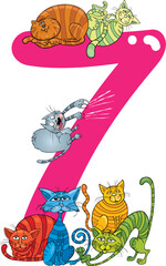 cartoon illustration with number seven and cats