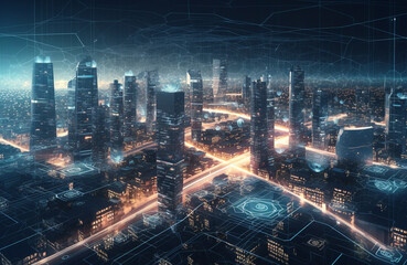 Naklejka premium Bitcoin and Beyond: The Rise of a Cryptocurrency-Enabled Cityscape, Where Blockchain Technology Powers an Evolution in Urban Governance, Financial Transactions and Impact of Crypto Innovations.