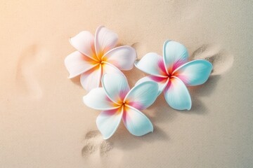 Fototapeta premium Frangipani flower falling on sand beach background. Generative AI