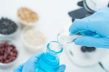 Scientist check chemical whole grains residues in laboratory. Control experts inspect the...