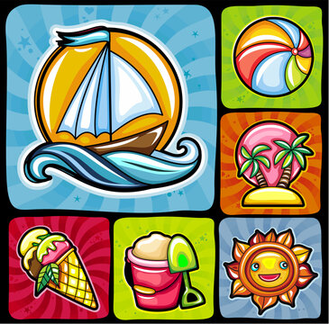 vector colorful set of sea vacation icons, 9 pictures: cheerful sun with smiley face, beach ball, basket with sand, island with palms, icecream.