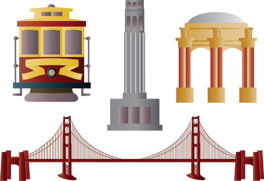 San Francisco Golden Gate Bridge Trolley Coit Tower and Palace of Fine Arts Illustration