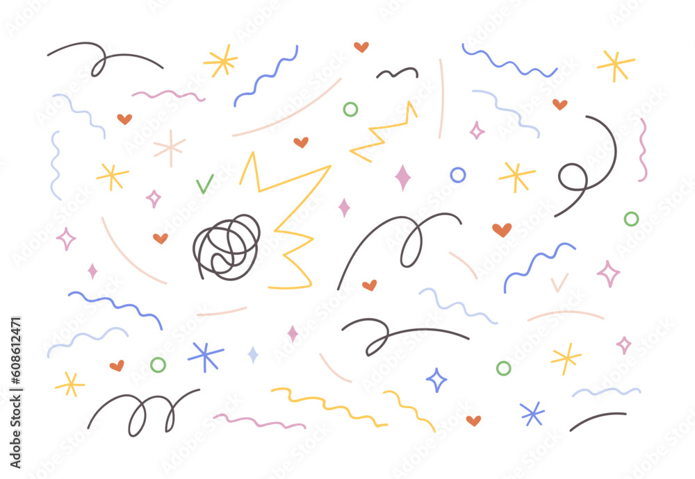 Poster abstract doodle lines, scribble design elements set. creative squiggles, curves, waves, zigzags. mod