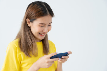 Fototapeta premium excited young woman play games by mobile phone make winner gesture. female winning mobile gambling. Wow face expression. Esport streaming game online, surprise, gamer, online, earning, new generation.