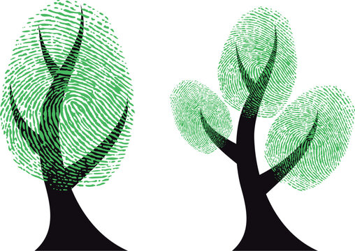 tree with green fingerprint leaves, vector background