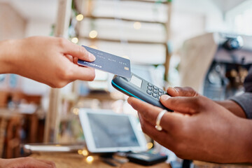Credit card, POS and people hands in small business, e commerce transaction and fintech payment or...