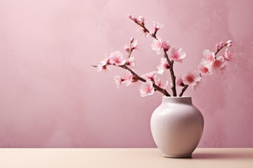 Beige step podium on light beige background for cosmetics presentation with pink sakura cherry flowers. Cosmetic, beauty product promotion mockup. Generative AI