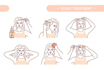 Hair care set. Massage instructions for beauty treatments to stimulate growth. Girl applies serum to follicles and scalp. Beauty routine. Linear flat vector collection isolated on white background