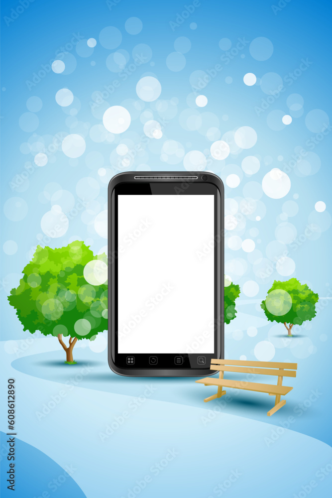 Poster Blue Background with Empty Mobile Phone bench and trees