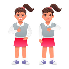 The girl shows a gesture of approval and disapproval. Likes and dislikes. Good and bad.
