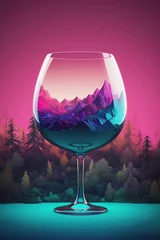 Fototapete Rund a picture of a wine glass with mountains in the backdrop as the illustration. Generative AI © LukaszDesign
