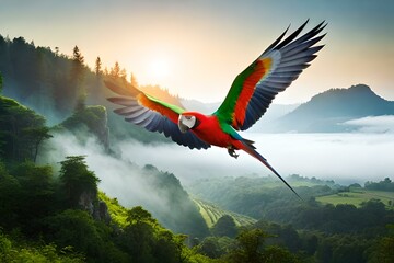 A parrot in flight, displaying its graceful wingspan against a backdrop of lush greenery