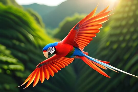A parrot in flight, displaying its graceful wingspan against a backdrop of lush greenery - Generative AI Technology