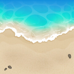 Top view of a cartoon sea, summer beach, coast with sand, stones, and blue wave. Vector illustration for card, party, design, flyer, banner, web, advertising, promotion.