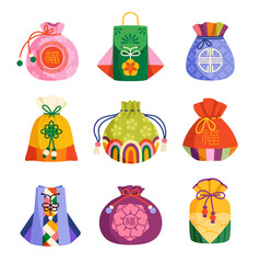 Lucky bags set. Chinese or Korean traditional coin pockets. Colored Asian symbols of luck and prosperity. Floral pouches with hieroglyphs. Cartoon flat vector collection isolated on white background