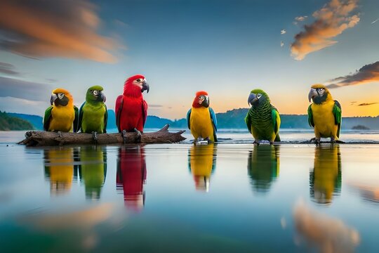 A group of parrots gathered together, engaging in lively chatter and displaying their vibrant plumage