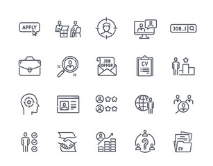 Head Hunting set. Outline icons with interview, employee search, career and hiring. Simple stickers with resumes and candidate in line art. Linear flat vector collection isolated on white background