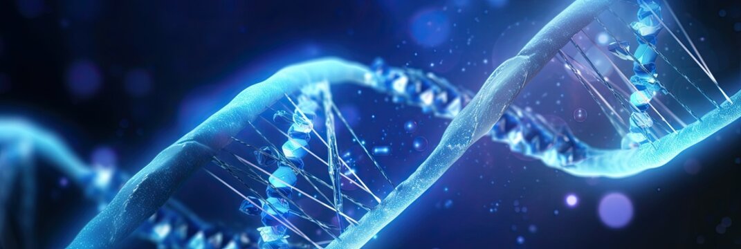  Banner human DNA structure with blue helix. Virtual modeling of chemical processes. High technologies in medicine. Generative AI Technology