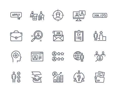 Head Hunting set. Outline icons with interview, employee search, career and hiring. Simple stickers with resumes and candidate in line art. Linear flat vector collection isolated on white background
