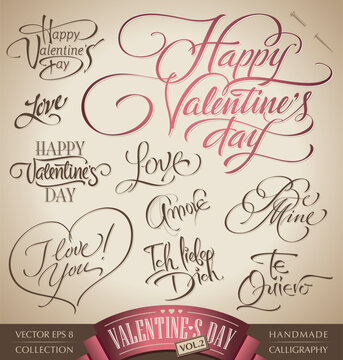 set of 10 valentine's hand lettered headlines - handmade calligraphy; vector illustration (eps8)