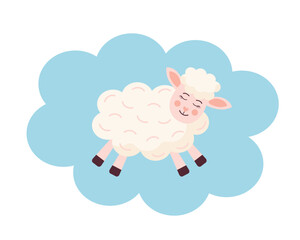 Cute lamb in the cloud. Cartoon baby sheep character. Vector flat cartoon illustration.