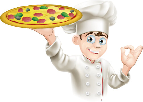 Pizza chef doing an okay sign and holding up a tasty looking pizza
