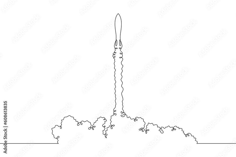 Poster rocket takeoff. spaceship launch. launch of a military ballistic missile.one continuous line. linear