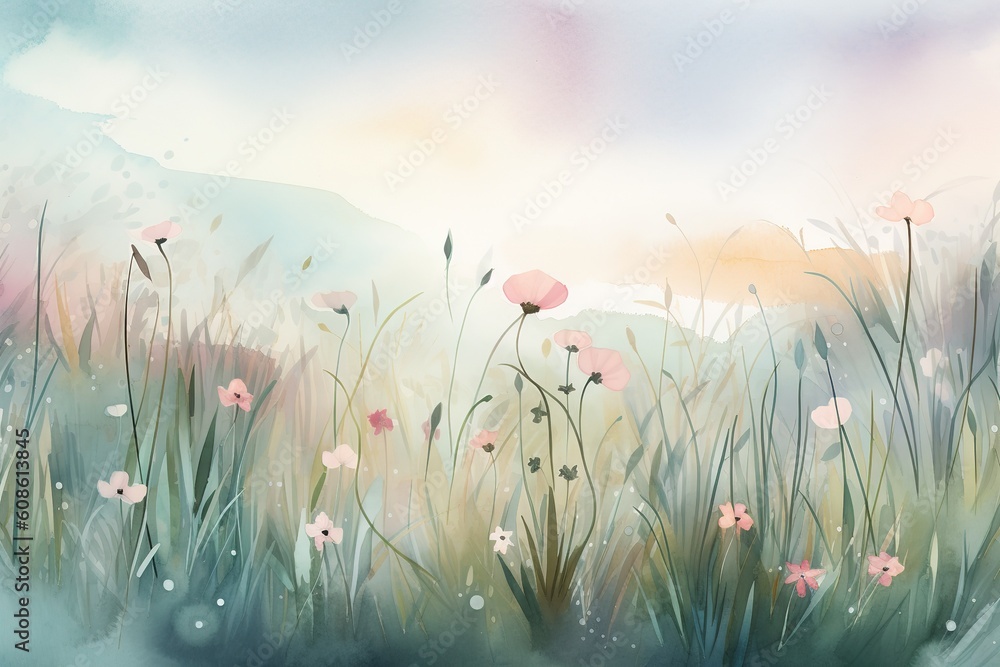 Poster an image of a meadow filled with flowers and grass generative ai