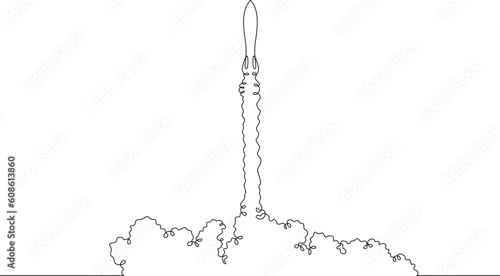 Poster rocket takeoff. spaceship launch. launch of a military ballistic missile.one continuous line. linear