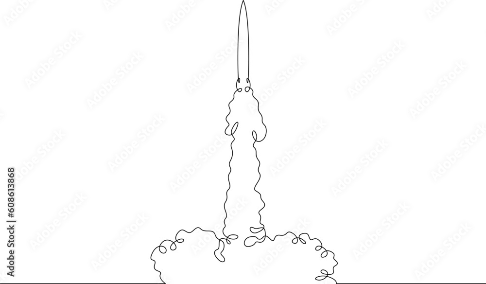 Poster rocket takeoff. spaceship launch. launch of a military ballistic missile.one continuous line. linear