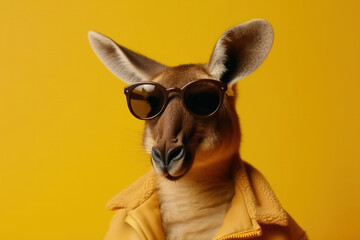 Wild and stylish, kangaroo poses for the camera in sunglasses and scarf, showcasing its cool attitude and iconic status in the animal kingdom. AI Generative.