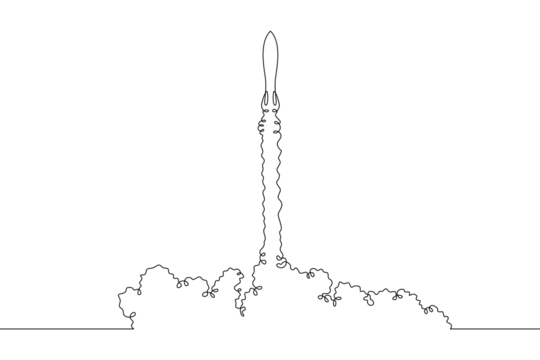 Rocket takeoff. Spaceship launch. Launch of a military ballistic missile.One continuous line. Linear.One continuous line drawn isolated, white background.