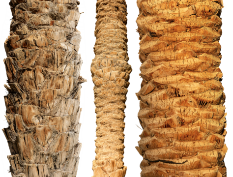 Detail of three trunks of palm trees isolated on white or transparent background, photography, png.