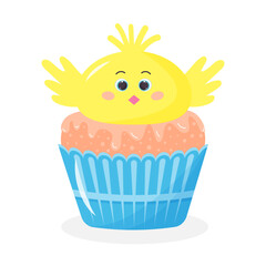 Cute Easter cupcake with baby chick head. Funny sweet muffin with cartoon chicken boy.