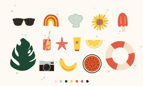 hand drawn vector illustration of summer holiday sticker pack. Cute vacation elements doodle