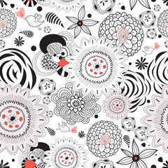 seamless graphic floral pattern with birds on a white background