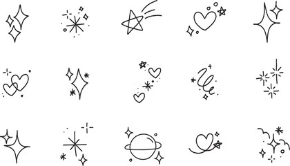 Cute blink blink hand draw doodle vector set, black, line, drawing, sparkle element, illustration, cute, heart, star, wink, dot, icon © Chutimont