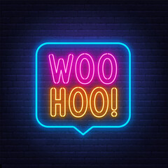 Woohoo neon neon sign in the speech bubble on brick wall background