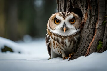 An owl camouflaged among the tree bark, blending seamlessly into its natural habitat