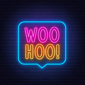 Woohoo neon neon sign in the speech bubble on brick wall background