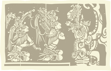Woodblock style Mayan image with two priests and Vision Serpent