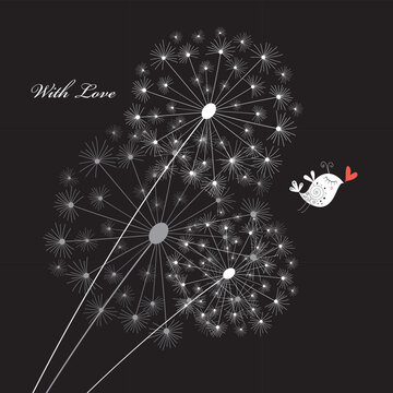 Card with white dandelions and bird lovers on a black background