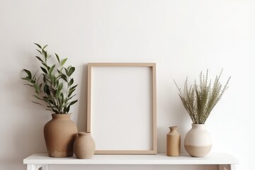 Wooden frame leaning on white shelf in white interior with green plants, exotic potted plants in pots on empty wall background. Generative AI