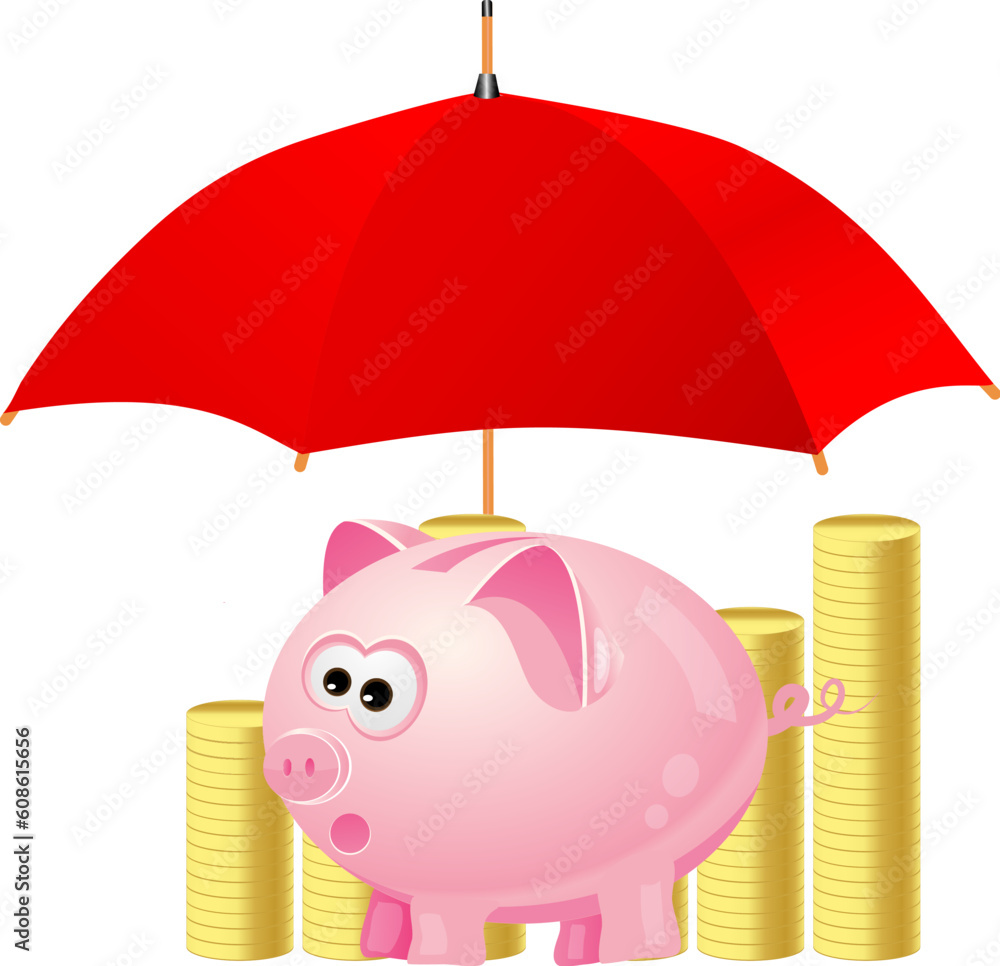 Poster piggy-bank and money under red umbrella. also available as a vector in adobe illustrator eps format,