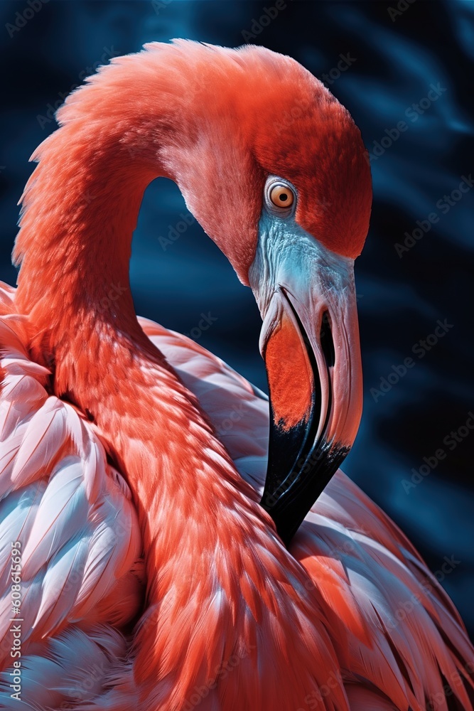 Poster a close-up view of a flamingo sitting on the surface of a body of water generative ai