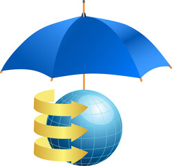 Globe under umbrella concept of defense of information. Also available as a Vector in Adobe illustrator EPS format, compressed in a zip file. The vector version be scaled to any size without loss of q