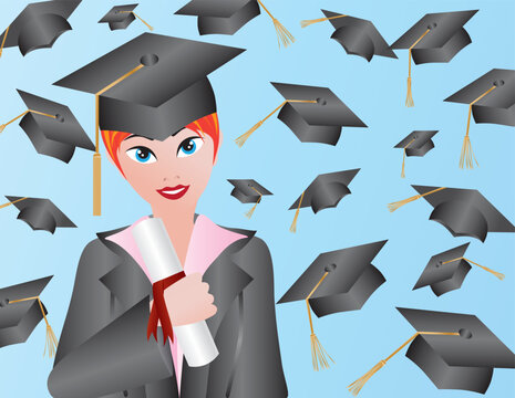 Female with Graduation Gown Cap and Diploma Illustration