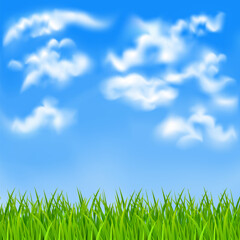 Fototapeta na wymiar Background with a blue sky, white clouds and green grass. EPS10. Mesh. Clipping Mask.