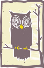 Woodblock print style owl in a tree.
