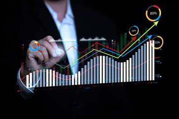 Businessman touching on investment growth graph chart and analysing stock market data trading and forex graph currency exchange, Stock market report, Business, world economy, finance and investment